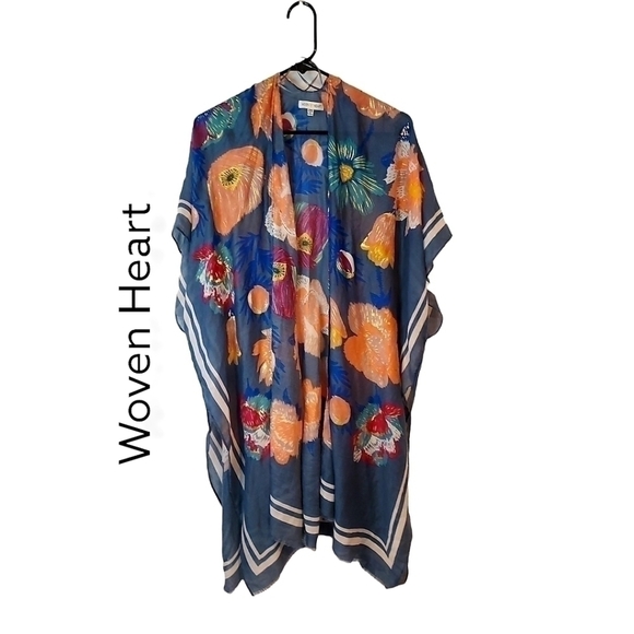 WOVEN HEART semi sheer georgette long Kimono Overpiece Poncho swimsuit c… - Picture 3 of 10